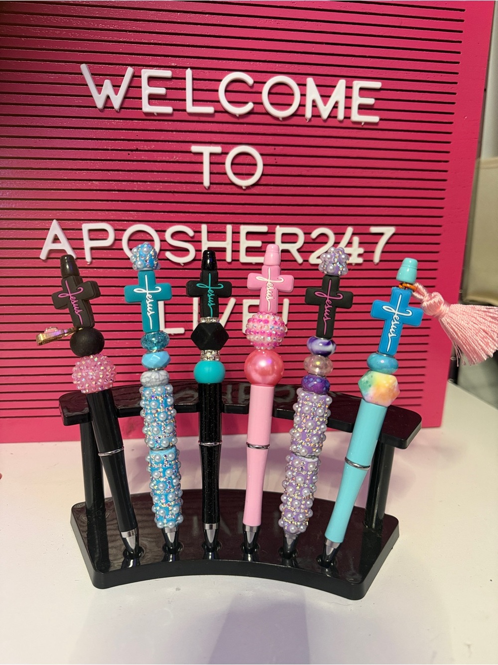 CHRISTIAN CUSTOM CROSS Beaded Pens - Pink, Aqua, Black,Purple $6 ea or 6/$30 - Picture 1 of 6